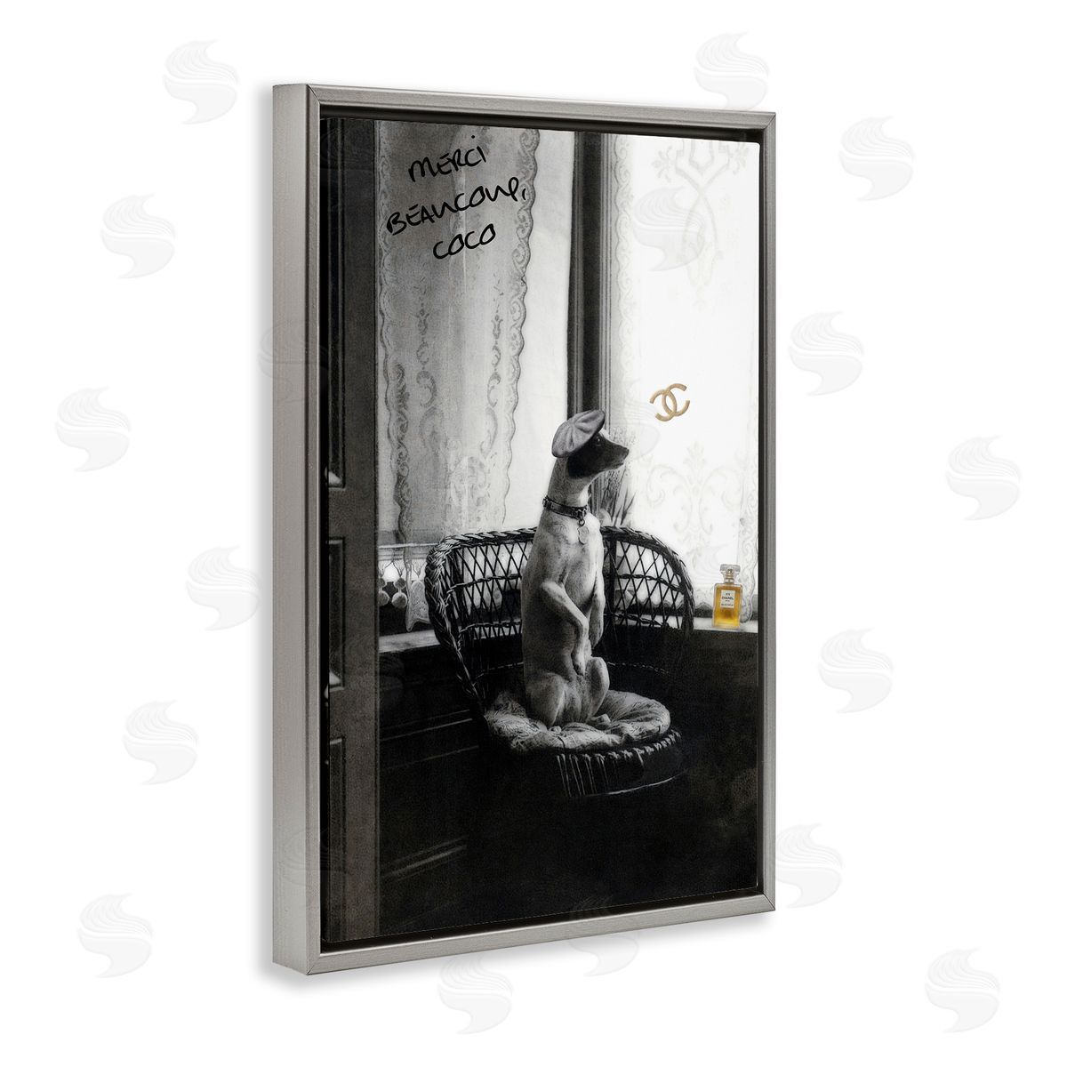 Chic Dog with French Words Grey Floating Frame Canvas Wall Art, Home Decor by Graffi*tee Studios