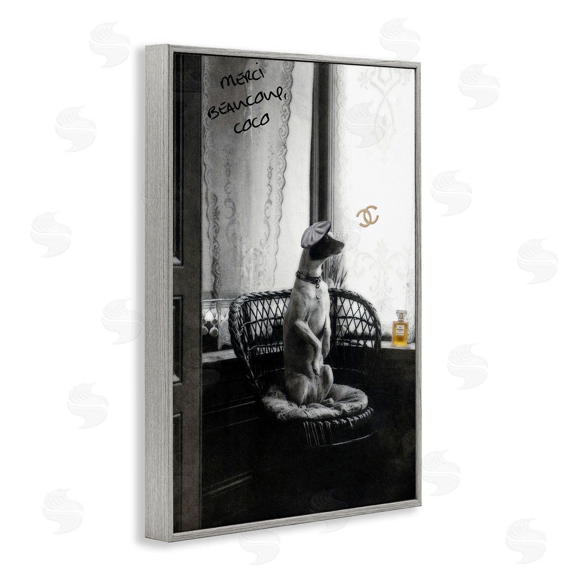 Chic Dog with French Words Grey Frame Print Wall Art, Home Decor by Graffi*tee Studios