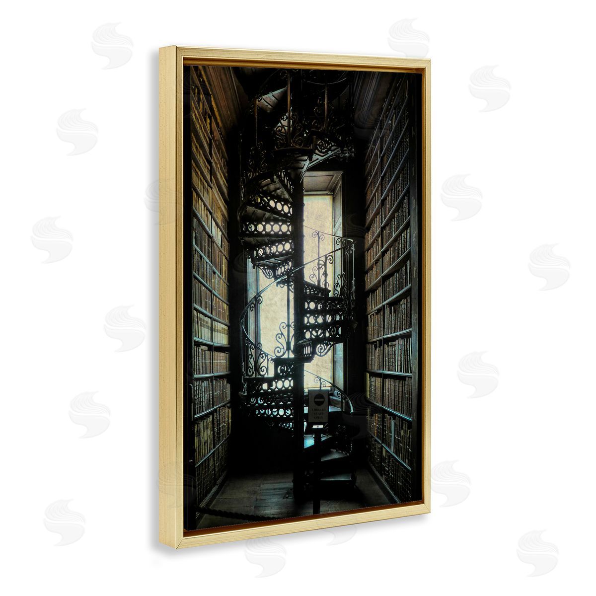 Vintage Library Spiral Stairs Gold Floating Frame Canvas Wall Art, Home Decor by Graffi*tee Studios