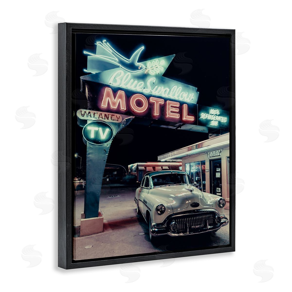 Vintage Motel Getaway Car Black Floating Frame Canvas Wall Art, Home Decor by Graffi*tee Studios