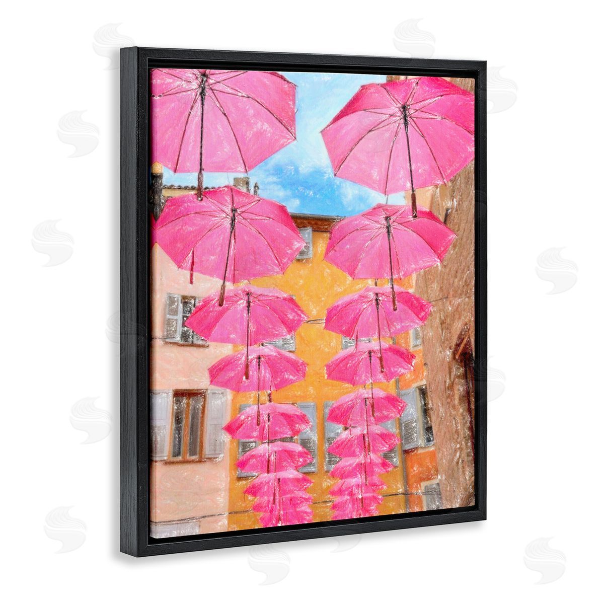 Pink Umbrellas in Town Black Floating Frame Canvas Wall Art, Home Decor by Graffi*tee Studios