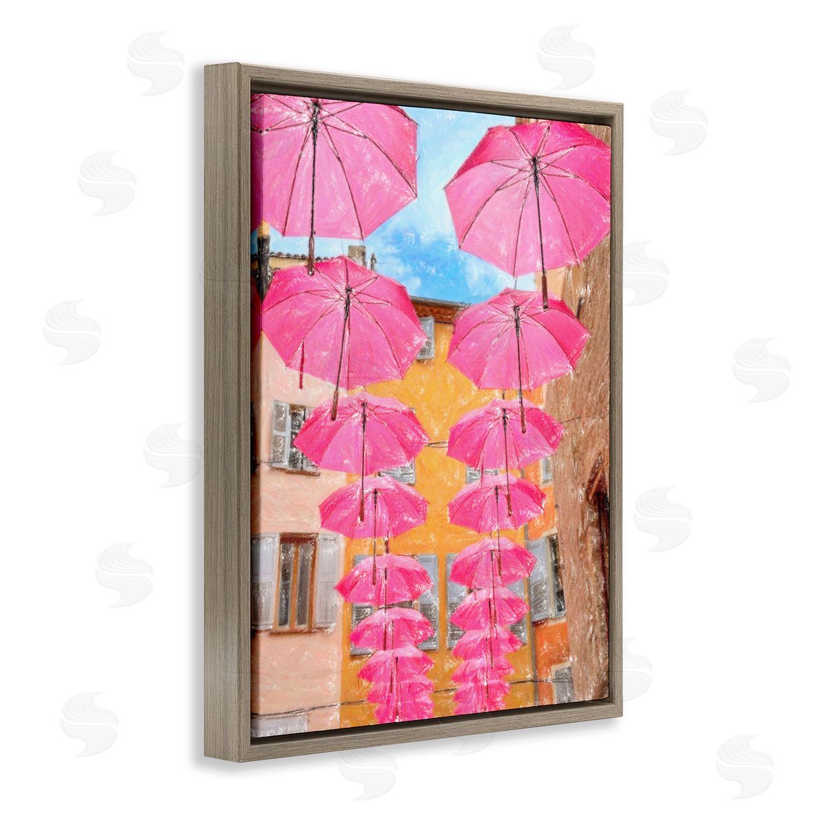 Pink Umbrellas in Town Brown Floating Frame Canvas Wall Art, Home Decor by Graffi*tee Studios