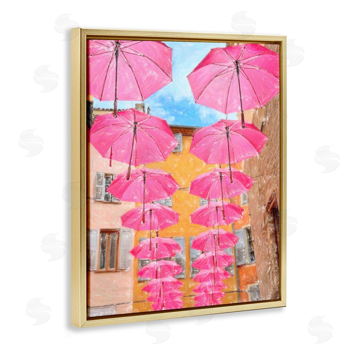 Pink Umbrellas in Town Gold Floating Frame Canvas Wall Art, Home Decor by Graffi*tee Studios