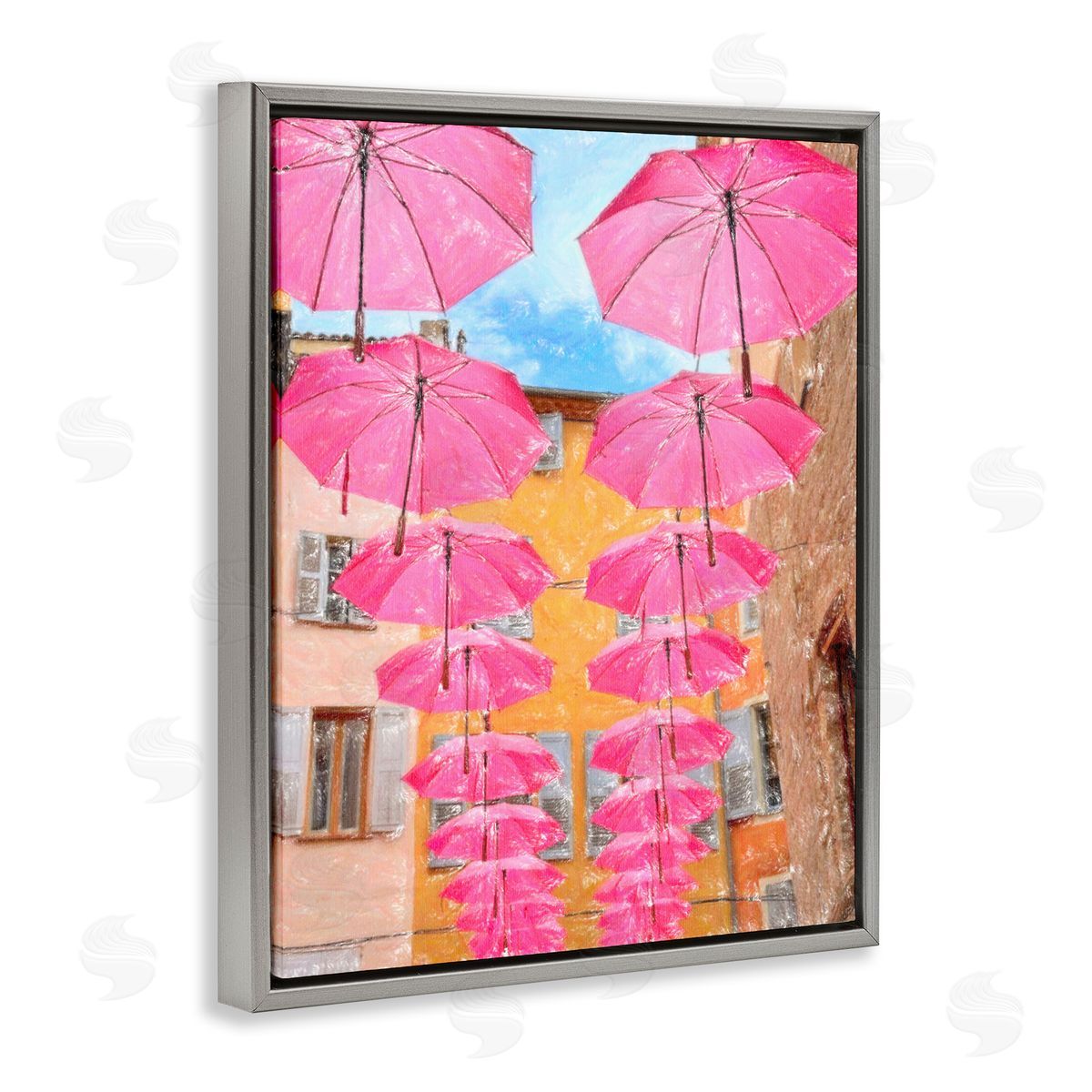 Pink Umbrellas in Town Grey Floating Frame Canvas Wall Art, Home Decor by Graffi*tee Studios