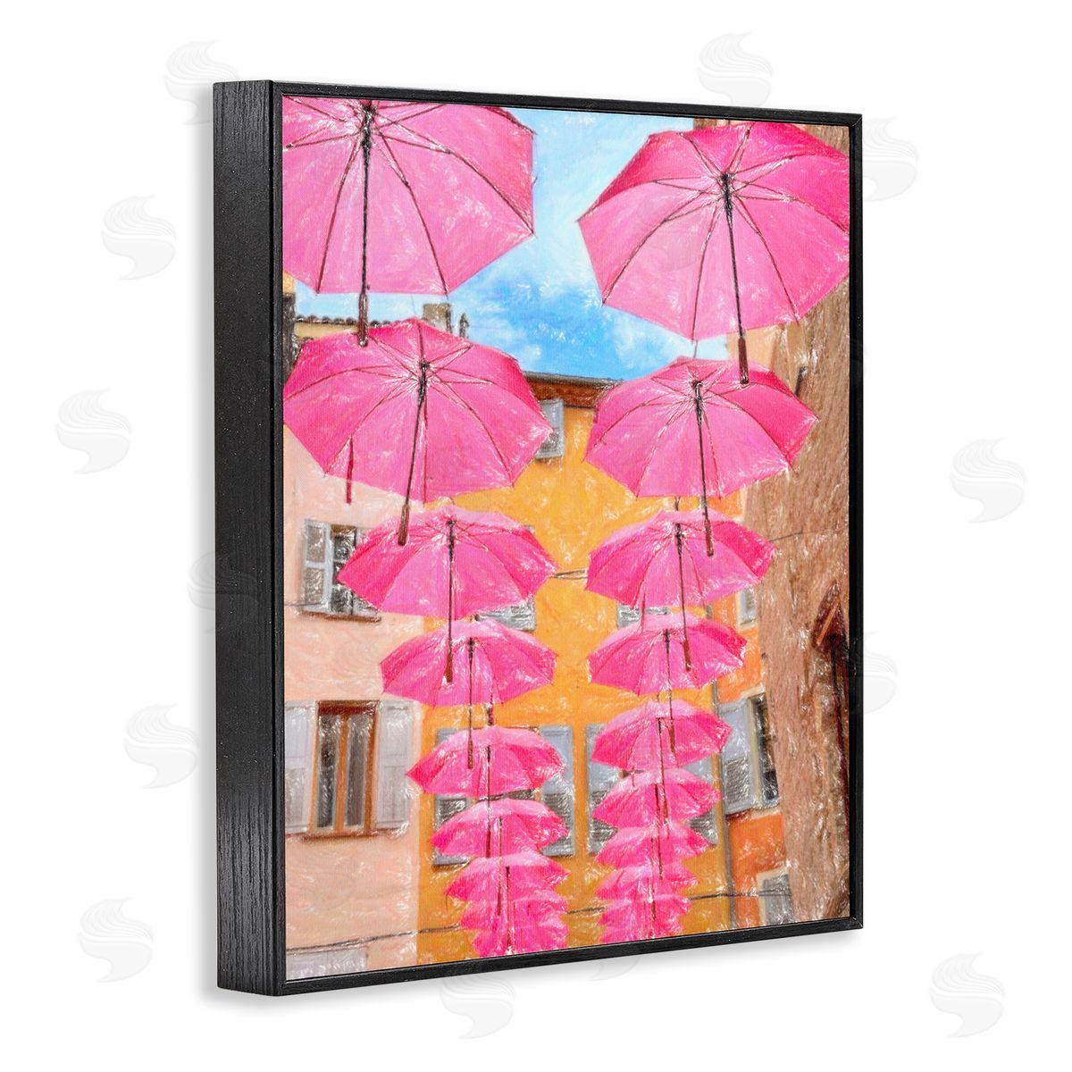 Pink Umbrellas in Town Black Frame Print Wall Art, Home Decor by Graffi*tee Studios