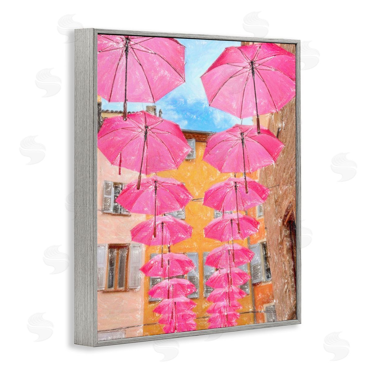 Pink Umbrellas in Town Grey Frame Print Wall Art, Home Decor by Graffi*tee Studios