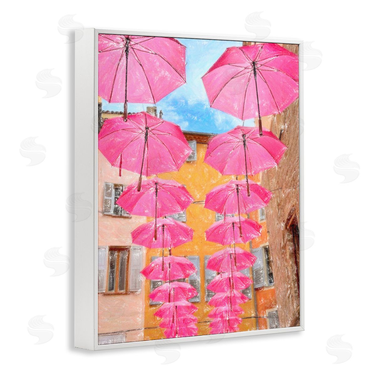 Pink Umbrellas in Town White Frame Print Wall Art, Home Decor by Graffi*tee Studios