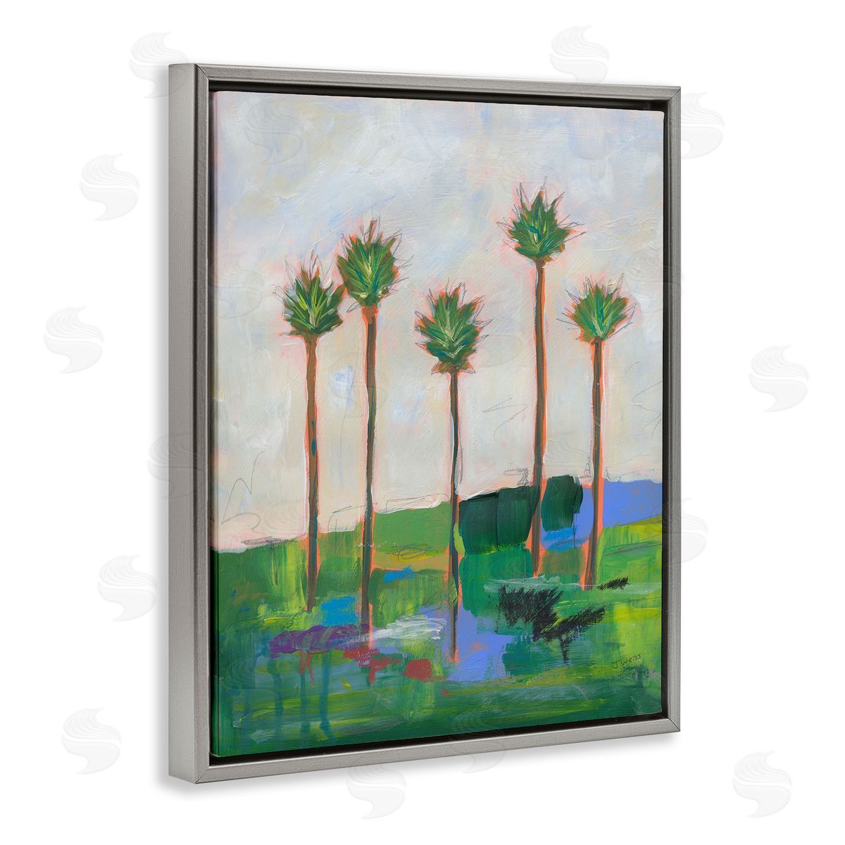 Tall Palms Impression Grey Floating Frame Canvas Wall Art, Home Decor by Jan Weiss