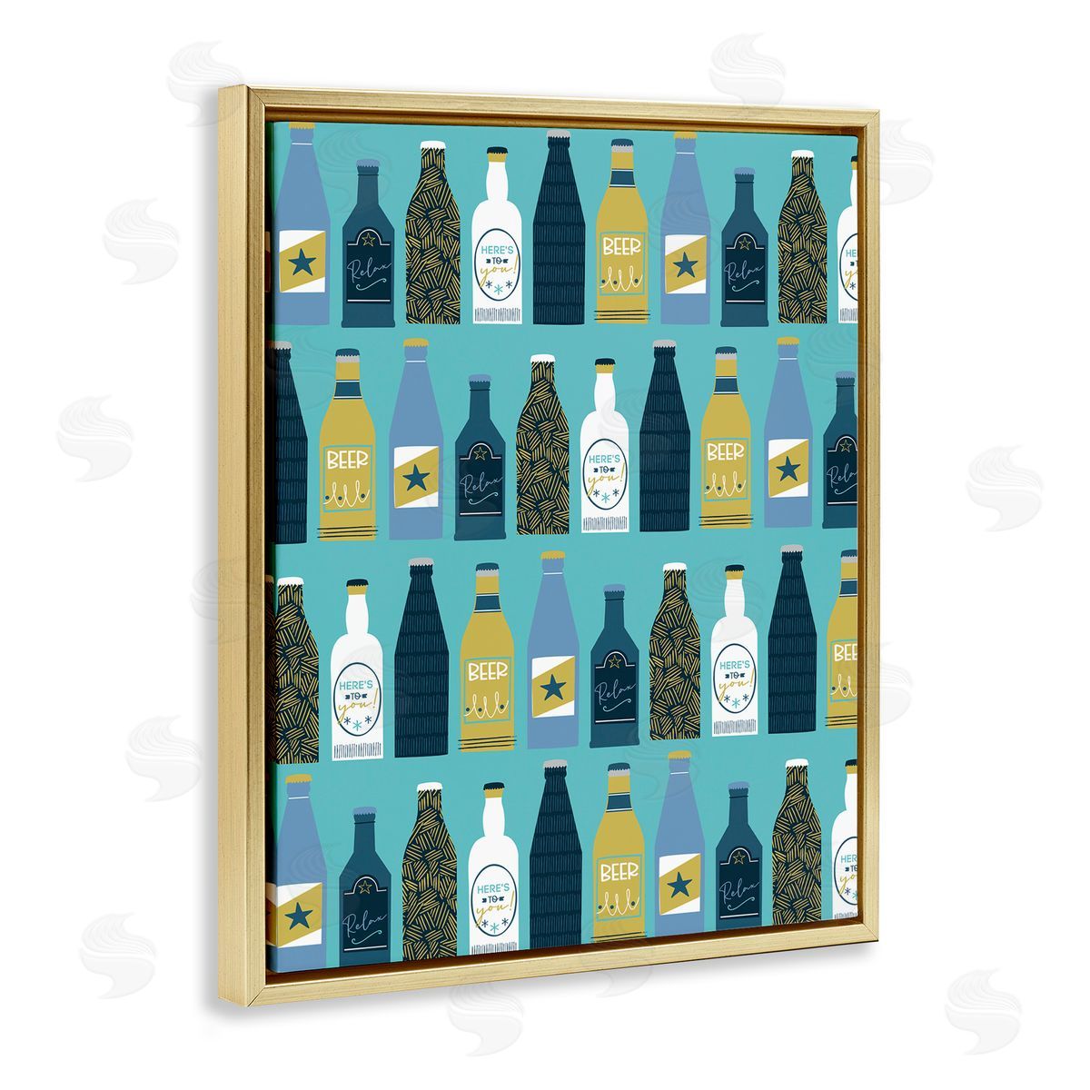 Arranged Beer Bottles Gold Floating Frame Canvas Wall Art, Home Decor by Angela Nickeas