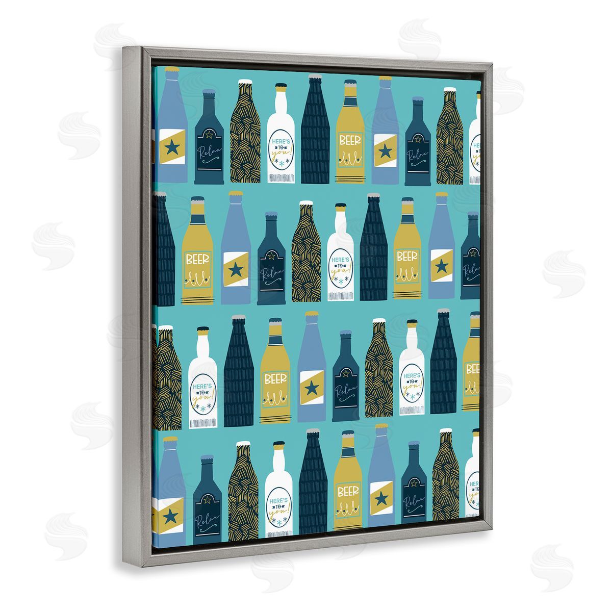 Arranged Beer Bottles Grey Floating Frame Canvas Wall Art, Home Decor by Angela Nickeas