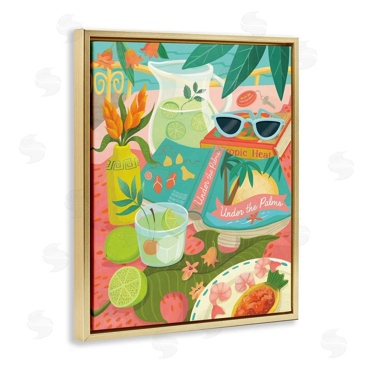 Tropical Drinks on Beach Gold Floating Frame Canvas Wall Art, Home Decor by Laura Watson