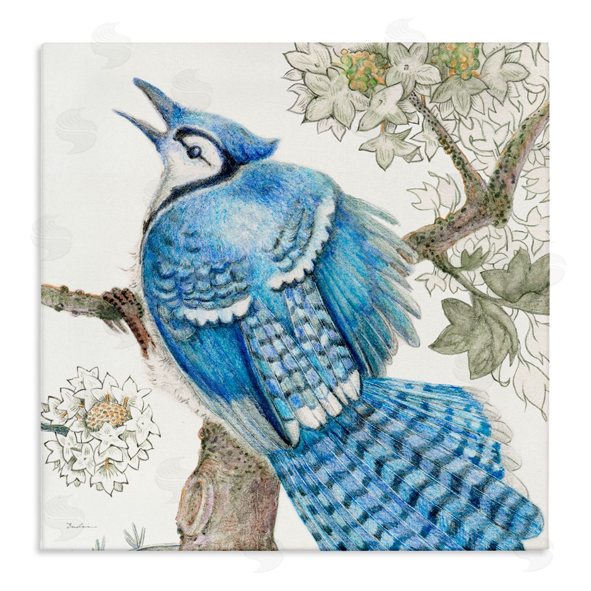 Evelia Designs Rhododendron & Blue Jay Canvas Wall Art Print