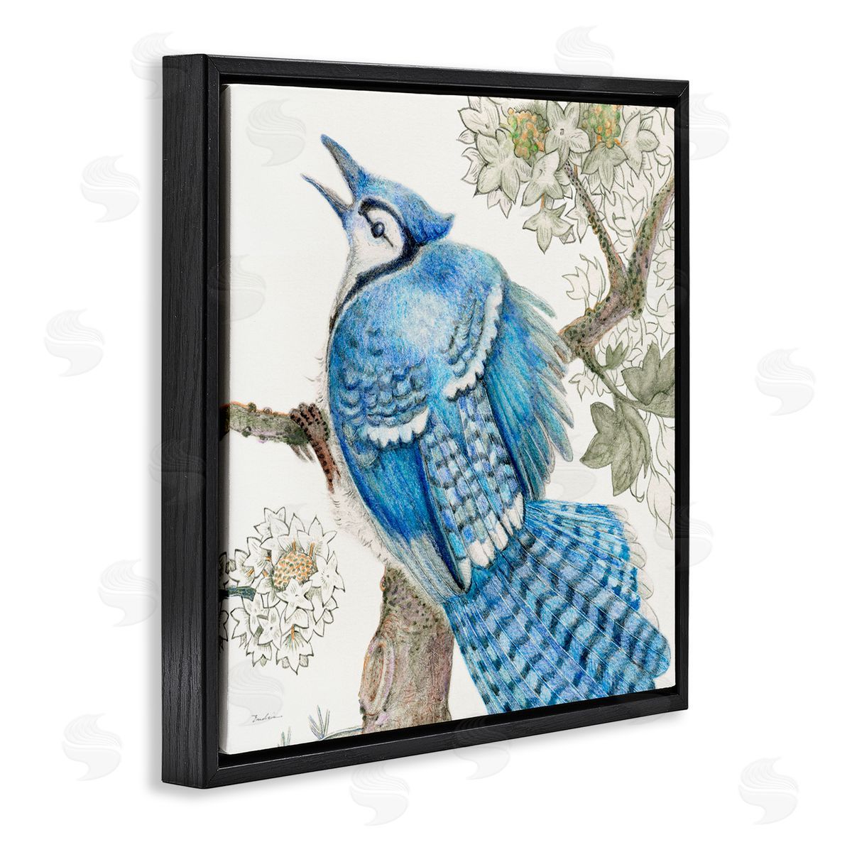 Evelia Designs Rhododendron & Blue Jay Black Floating Frame Canvas Wall Art Print