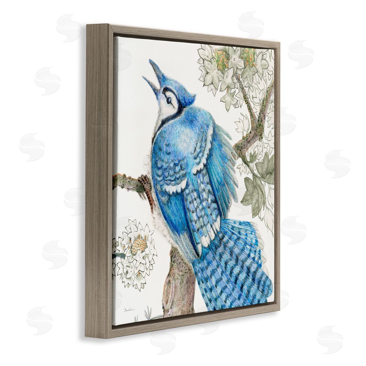 Evelia Designs Rhododendron & Blue Jay Brown Floating Frame Canvas Wall Art Print