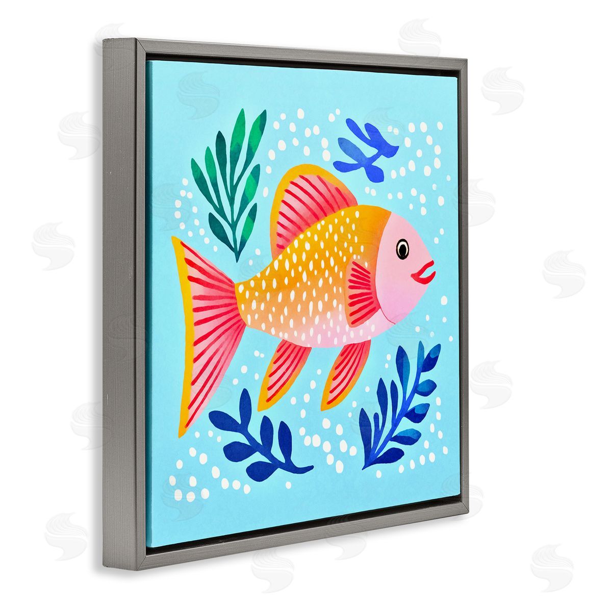 Andrea Haase Whimsical Fish & Seaweed Gray Floating Frame Canvas Wall Art Print