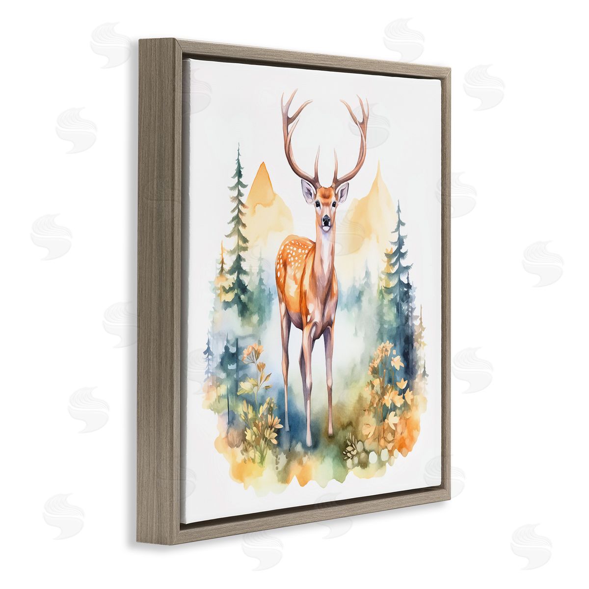 Andrea Haase Wild Deer with Mountains Brown Floating Frame Canvas Wall Art Print