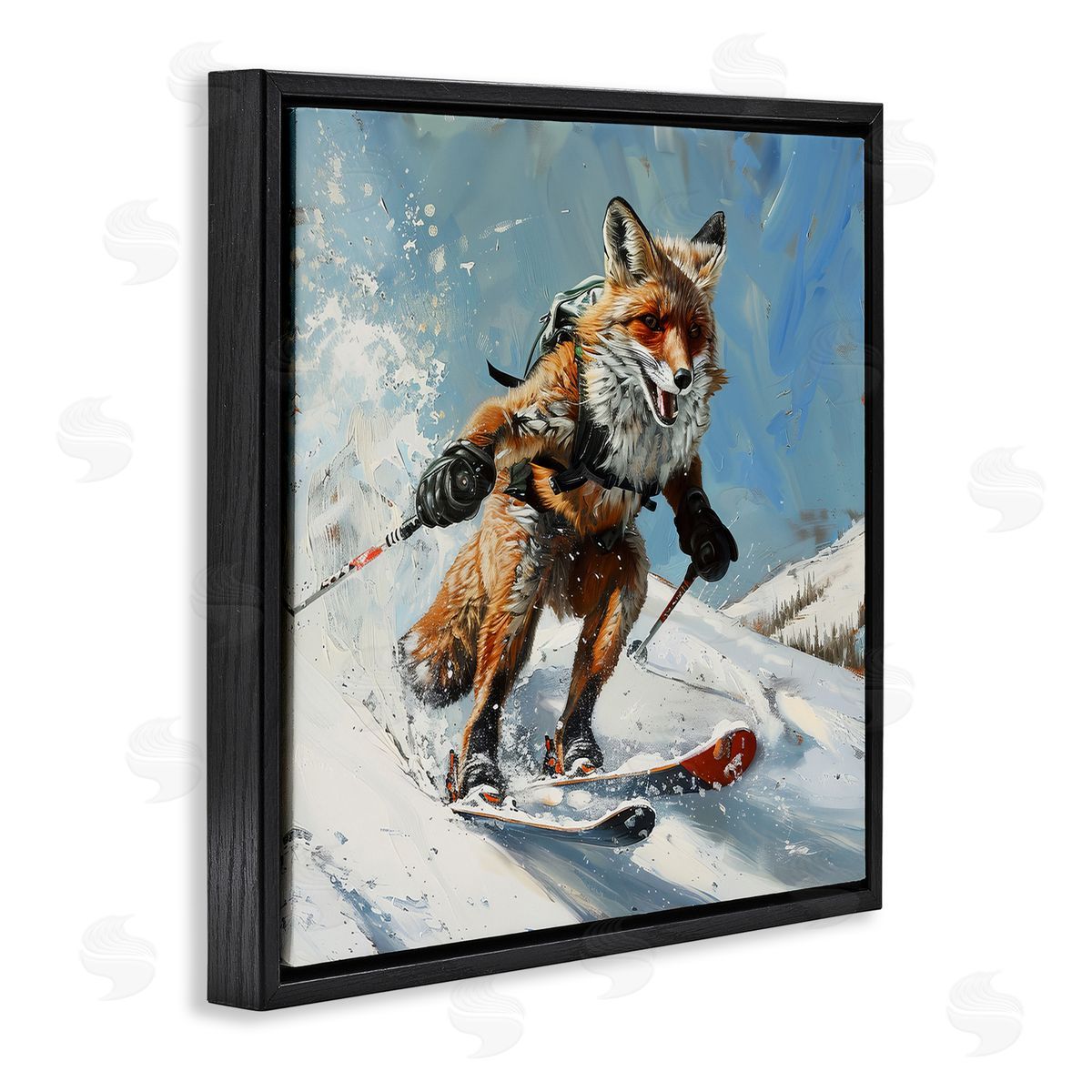 Lazar Studio Skiing Slopes Fox Black Floating Frame Canvas Wall Art Print