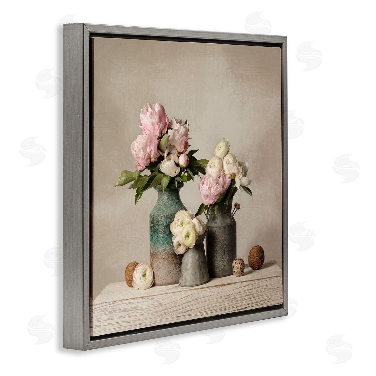 Leah McLean Three Spring Blooms Gray Floating Frame Canvas Wall Art Print