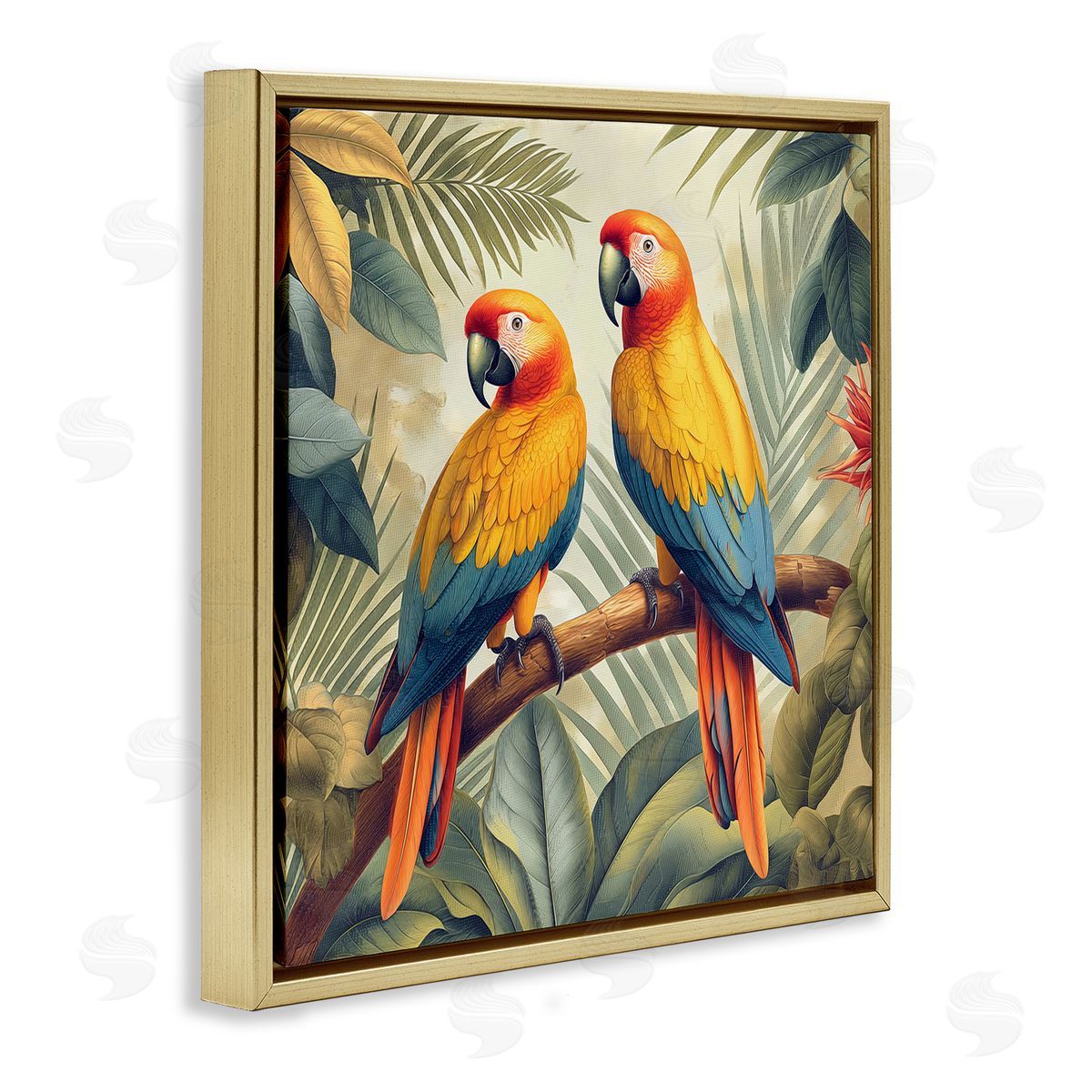 Steve Hunziker Parrot Duo on Branch Gold Floating Frame Canvas Wall Art Print