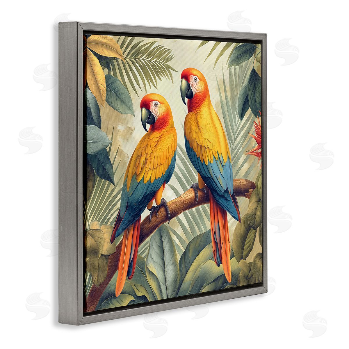 Steve Hunziker Parrot Duo on Branch Gray Floating Frame Canvas Wall Art Print