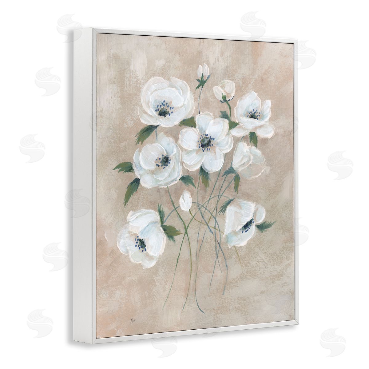 Beige Neutral Flowers White Frame Print Wall Art, Home Decor by Nan