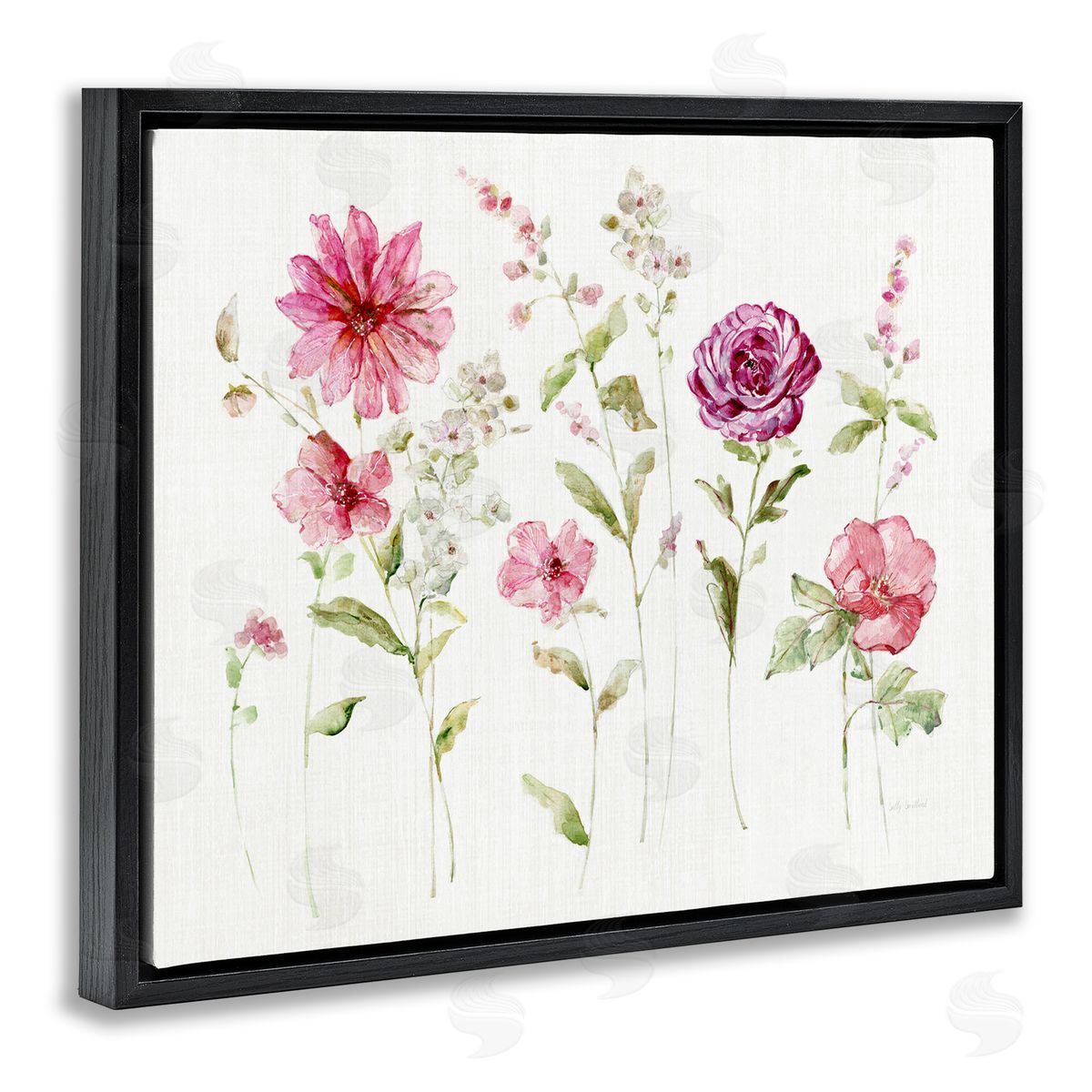 Blooming Rose Sprigs Black Floating Frame Canvas Wall Art, Home Decor by Sally Swatland