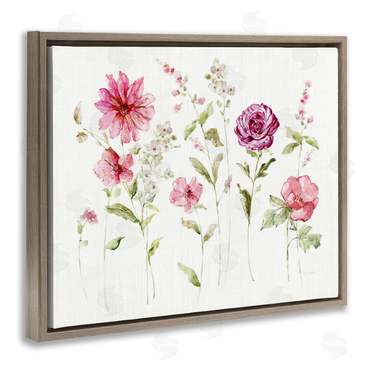 Blooming Rose Sprigs Brown Floating Frame Canvas Wall Art, Home Decor by Sally Swatland