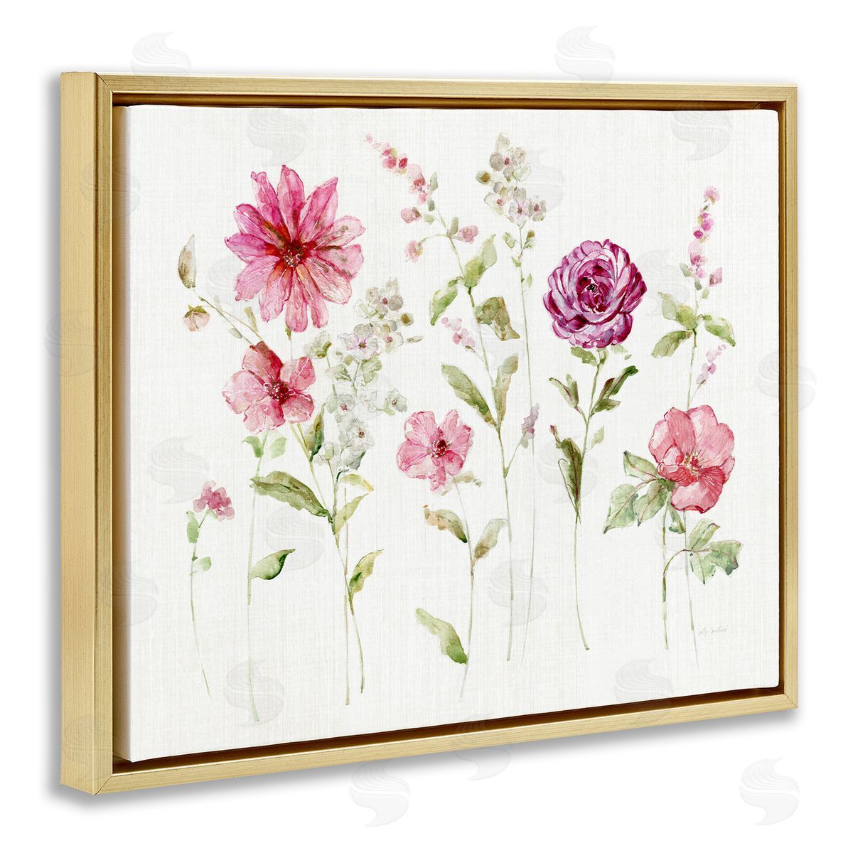 Blooming Rose Sprigs Gold Floating Frame Canvas Wall Art, Home Decor by Sally Swatland