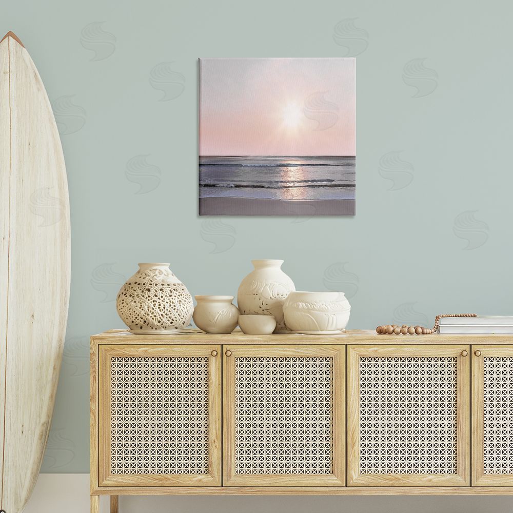 Mike Calascibetta Peach Sunrise over Beach Canvas Wall Art Print in Room
