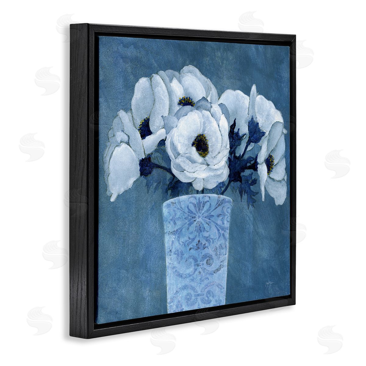 Janet Tava Patterned Vase Flowers Black Floating Frame Canvas Wall Art Print