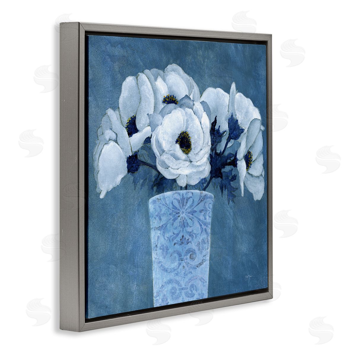 Janet Tava Patterned Vase Flowers Gray Floating Frame Canvas Wall Art Print