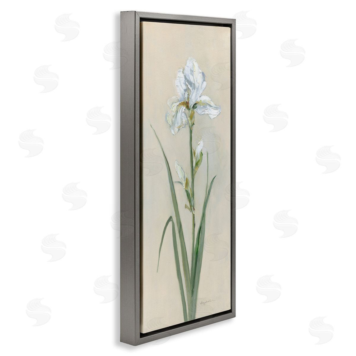 White Iris on Beige Grey Floating Frame Canvas Wall Art, Home Decor by Sally Swatland