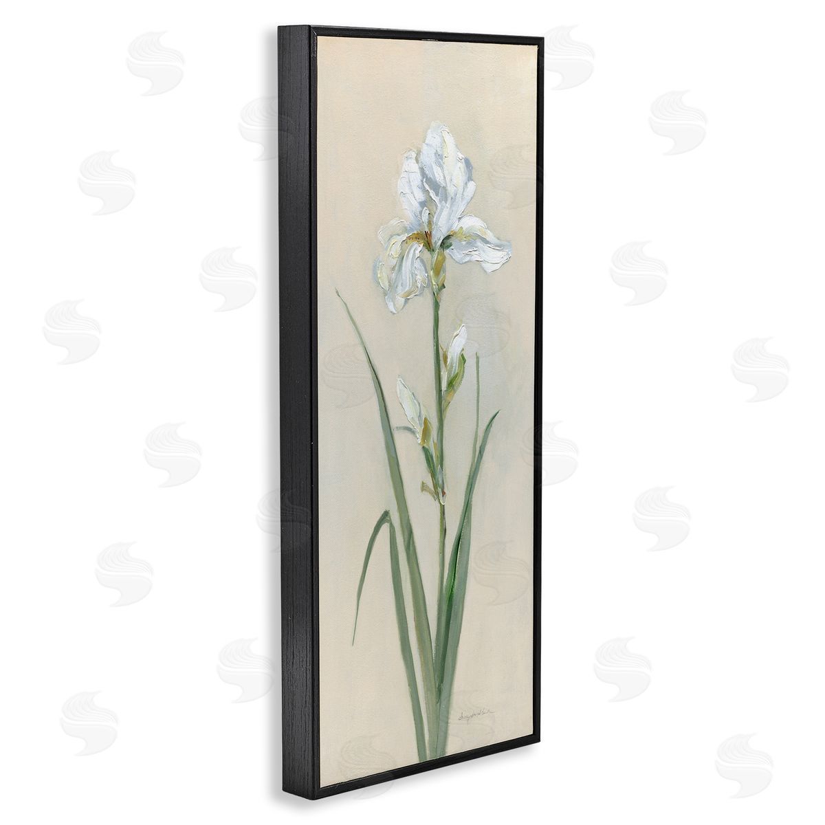 White Iris on Beige Black Frame Print Wall Art, Home Decor by Sally Swatland