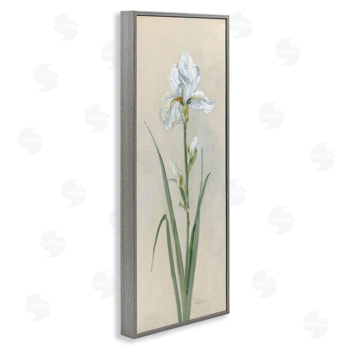 White Iris on Beige Grey Frame Print Wall Art, Home Decor by Sally Swatland