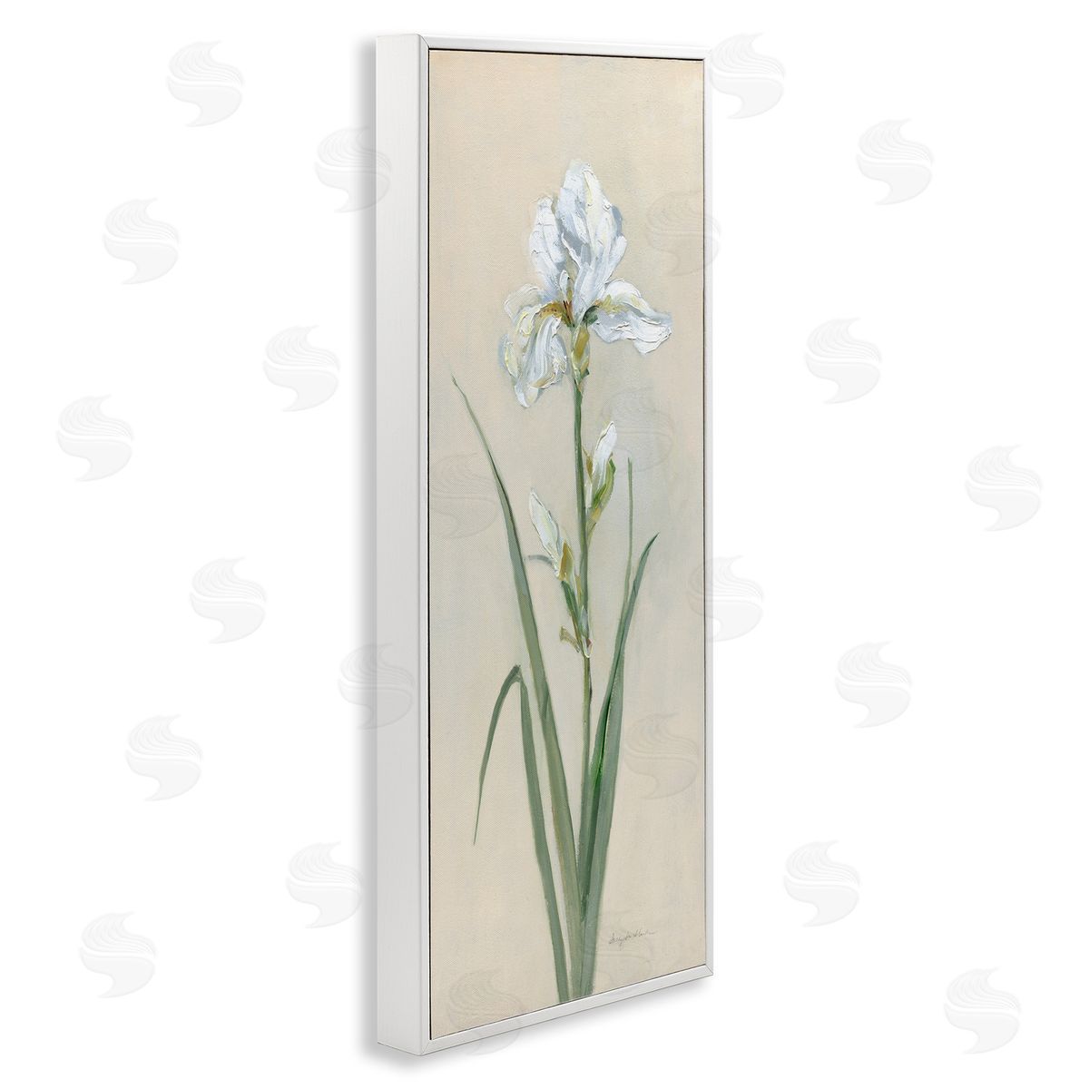 White Iris on Beige White Frame Print Wall Art, Home Decor by Sally Swatland