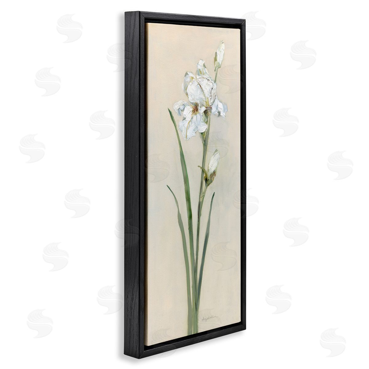 Simple Iris on Beige Black Floating Frame Canvas Wall Art, Home Decor by Sally Swatland
