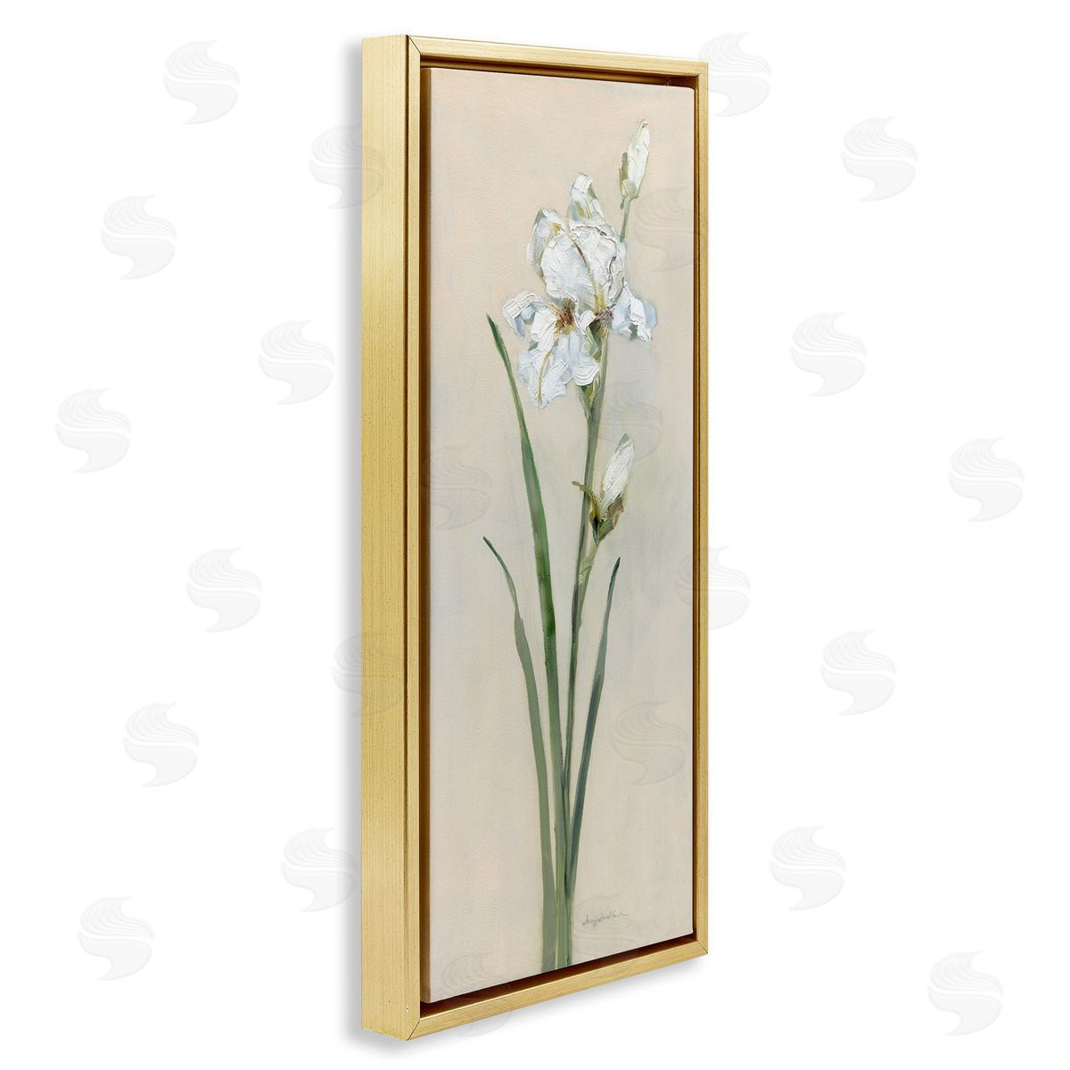 Simple Iris on Beige Gold Floating Frame Canvas Wall Art, Home Decor by Sally Swatland