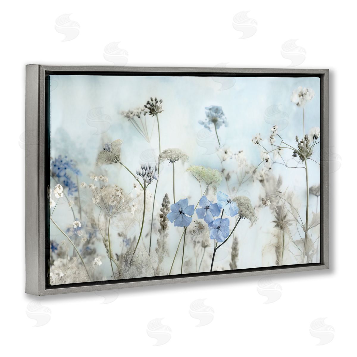 Blooming Subtle Wildflowers Grey Floating Frame Canvas Wall Art, Home Decor by Irene Weisz
