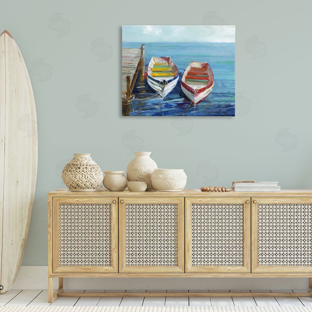 Sally Swatland Twin Boats by Dock Canvas Wall Art Print in Room