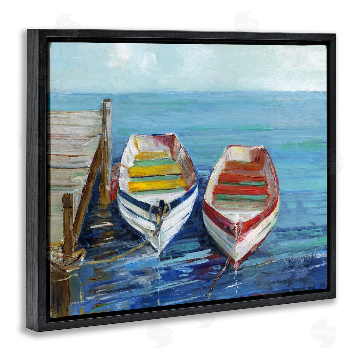 Sally Swatland Twin Boats by Dock Black Floating Frame Canvas Wall Art Print