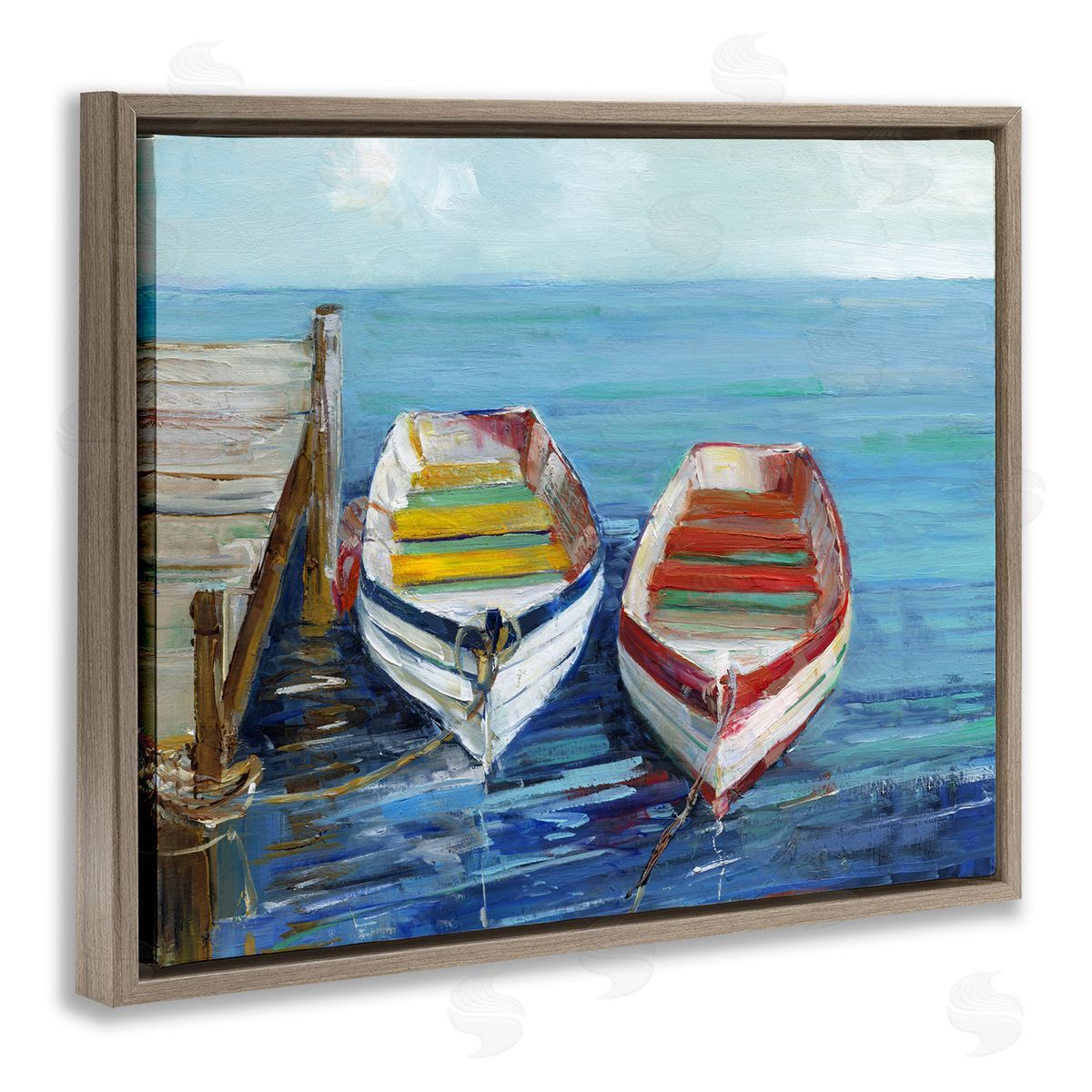 Sally Swatland Twin Boats by Dock Brown Floating Frame Canvas Wall Art Print