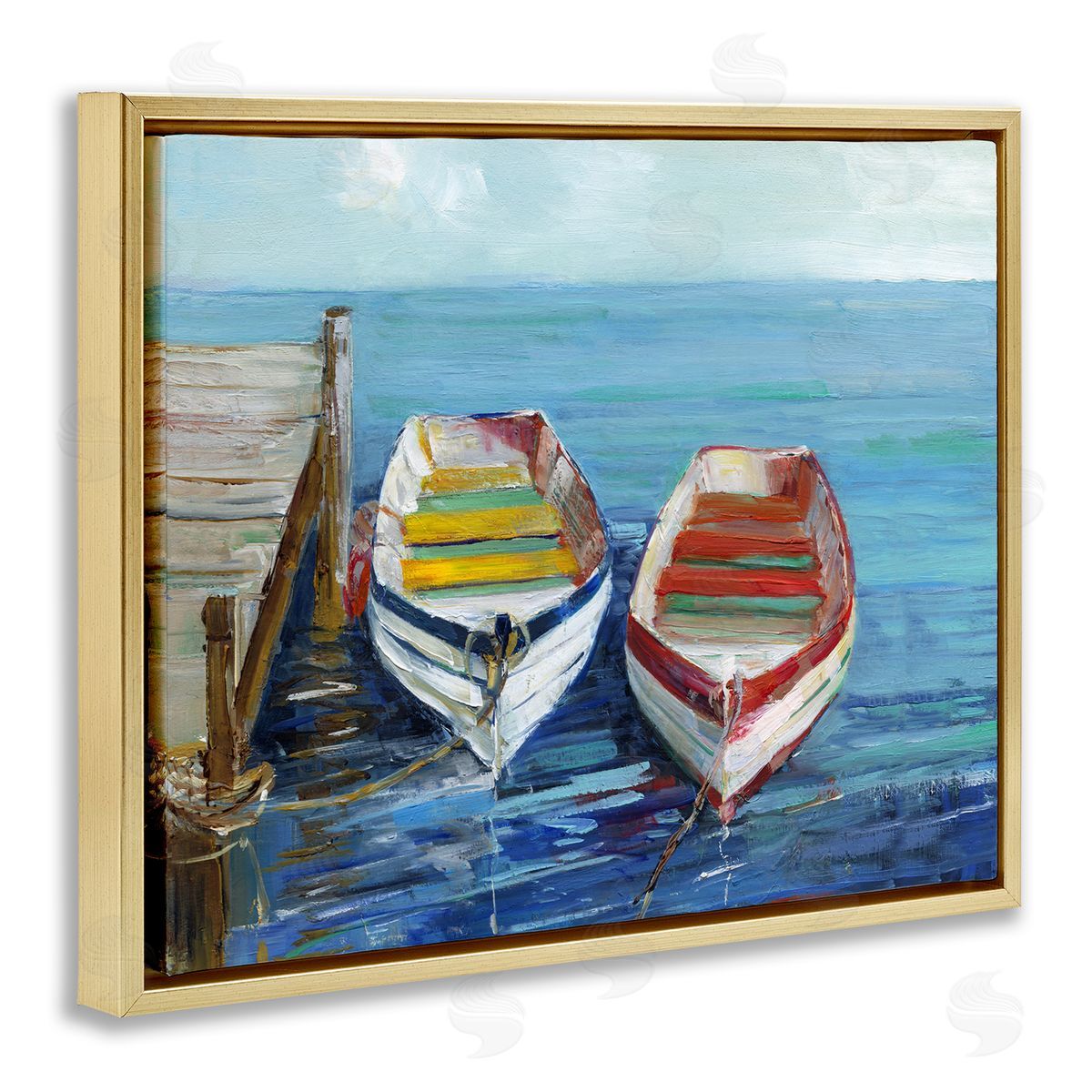 Sally Swatland Twin Boats by Dock Gold Floating Frame Canvas Wall Art Print