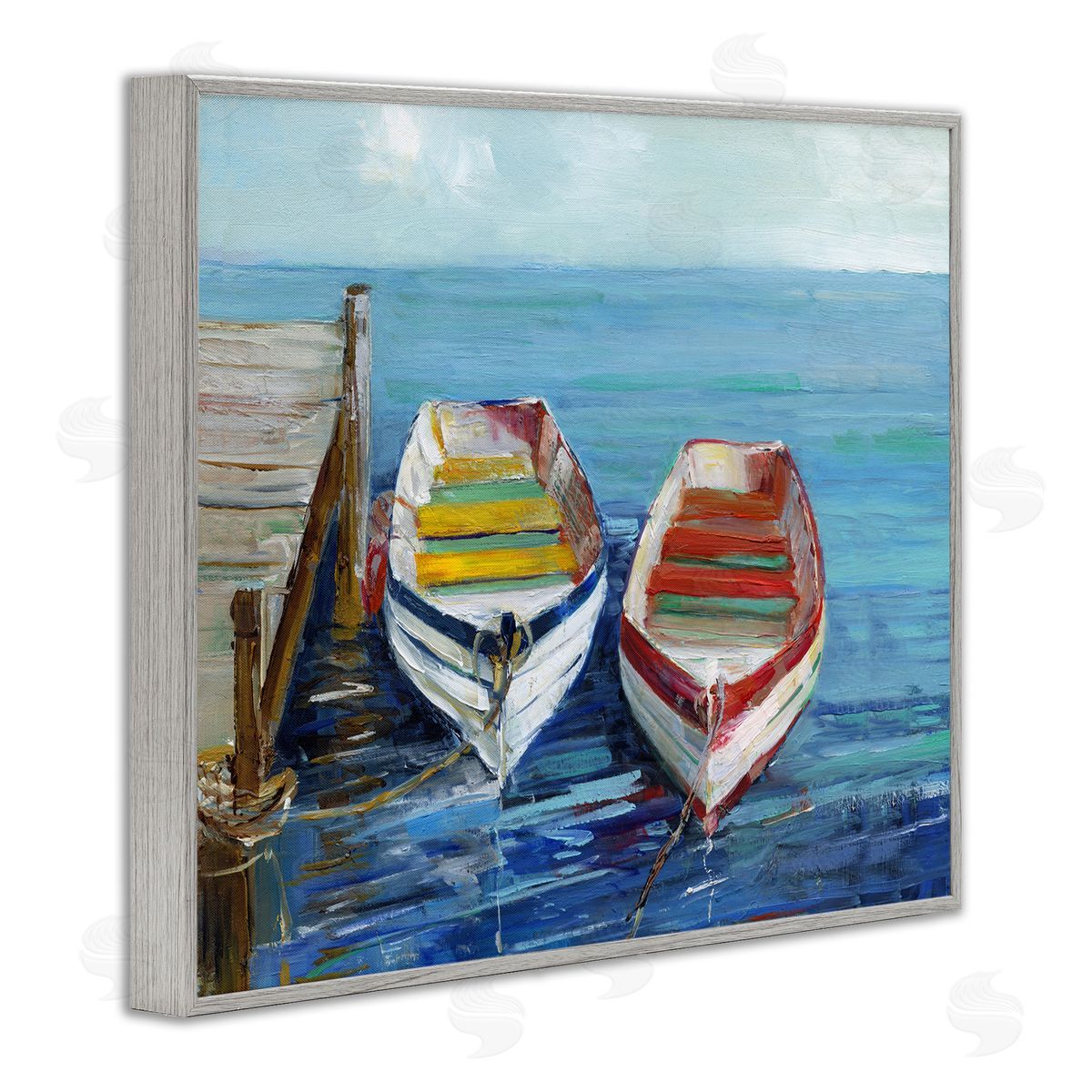 Sally Swatland Twin Boats by Dock Gray Framed Giclee Wall Art Print