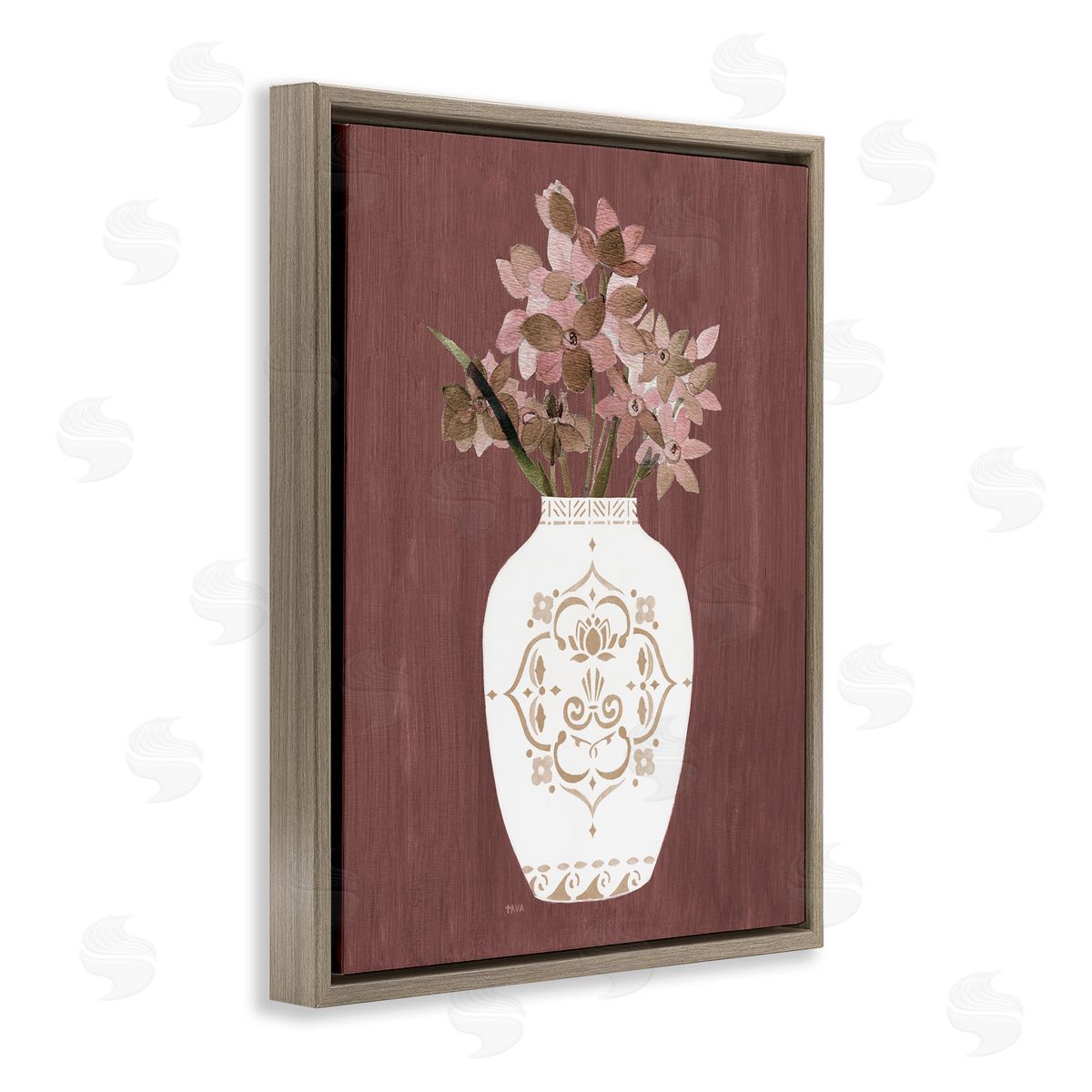 Ornate Boho Vase Brown Floating Frame Canvas Wall Art, Home Decor by Janet Tava