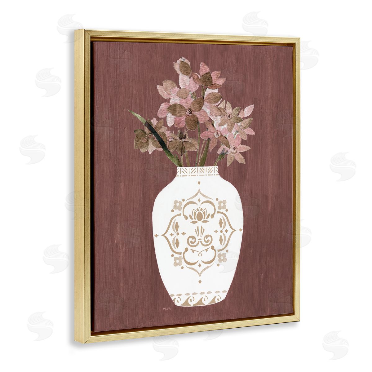 Ornate Boho Vase Gold Floating Frame Canvas Wall Art, Home Decor by Janet Tava
