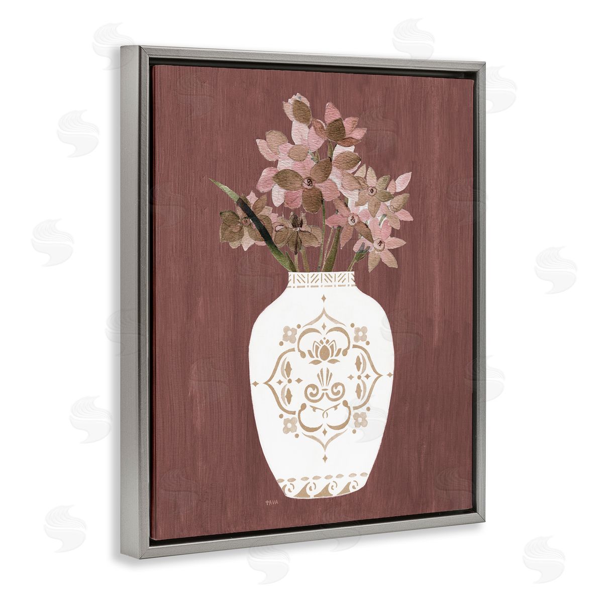 Ornate Boho Vase Grey Floating Frame Canvas Wall Art, Home Decor by Janet Tava