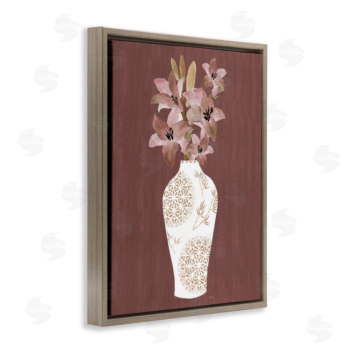 Boho Geometric Vase Brown Floating Frame Canvas Wall Art, Home Decor by Janet Tava
