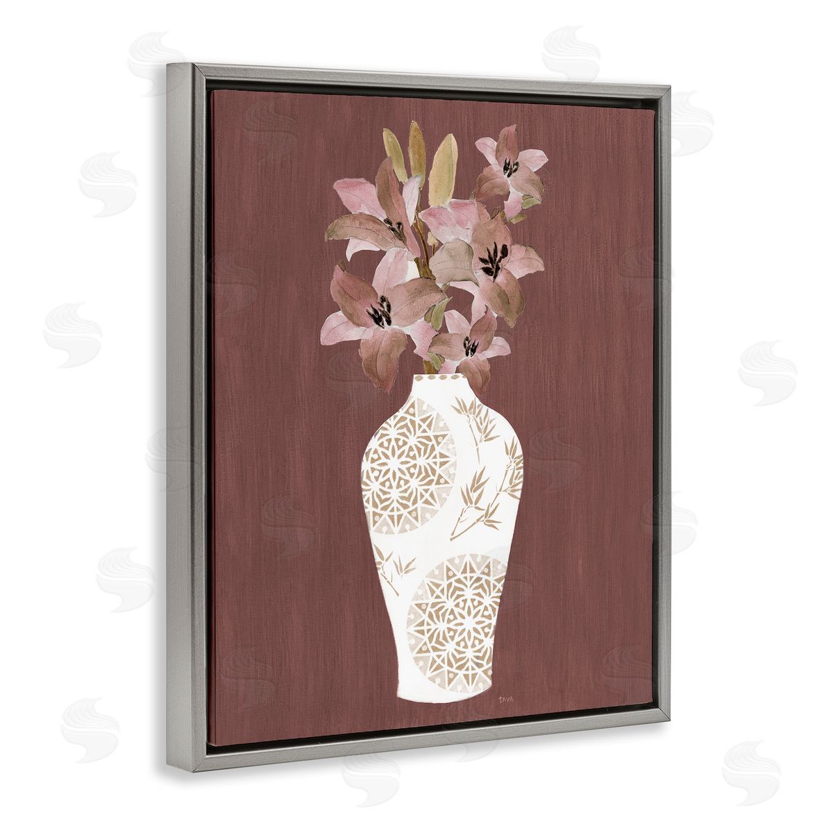 Boho Geometric Vase Grey Floating Frame Canvas Wall Art, Home Decor by Janet Tava