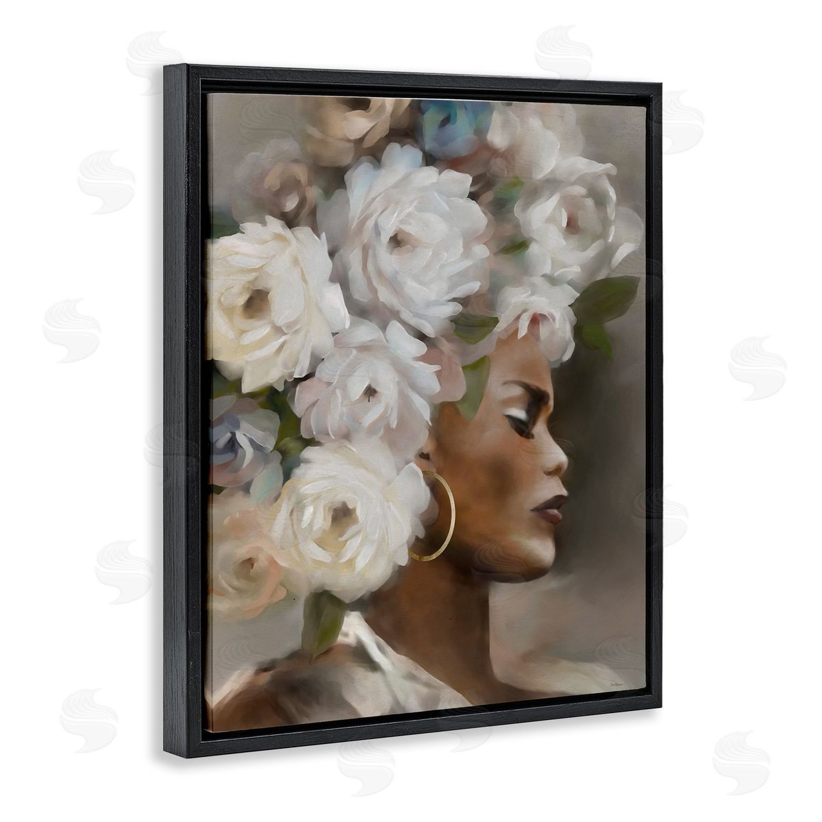 Woman with Floral Headdress Black Floating Frame Canvas Wall Art, Home Decor by Carol Robinson
