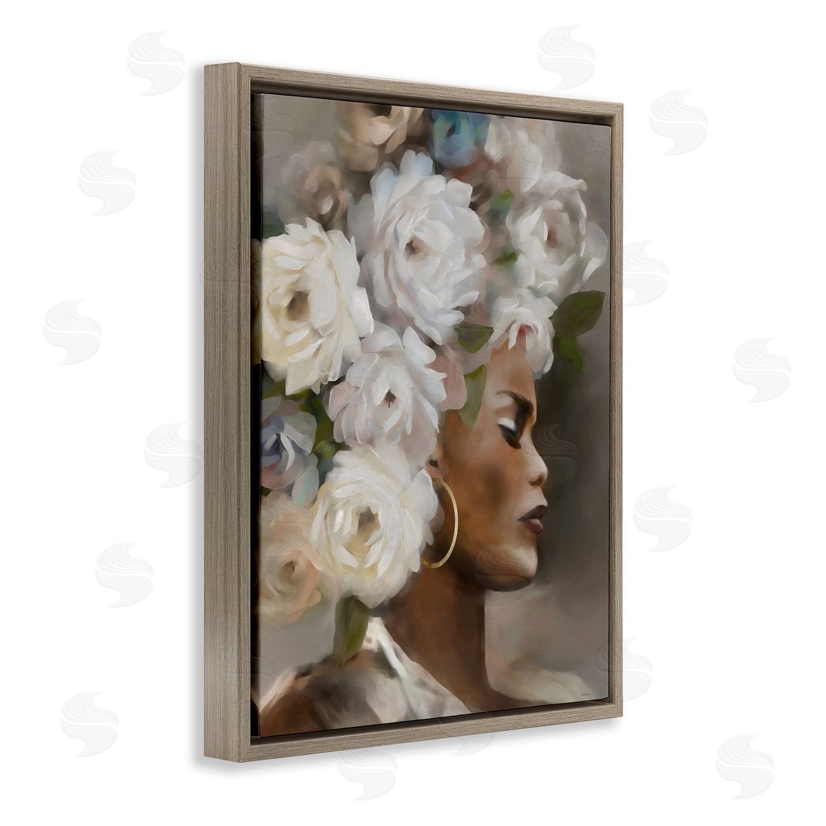 Woman with Floral Headdress Brown Floating Frame Canvas Wall Art, Home Decor by Carol Robinson